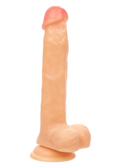 Dildo met ronde kop en brede basis, perzikroze, recht van voren gefotografeerd