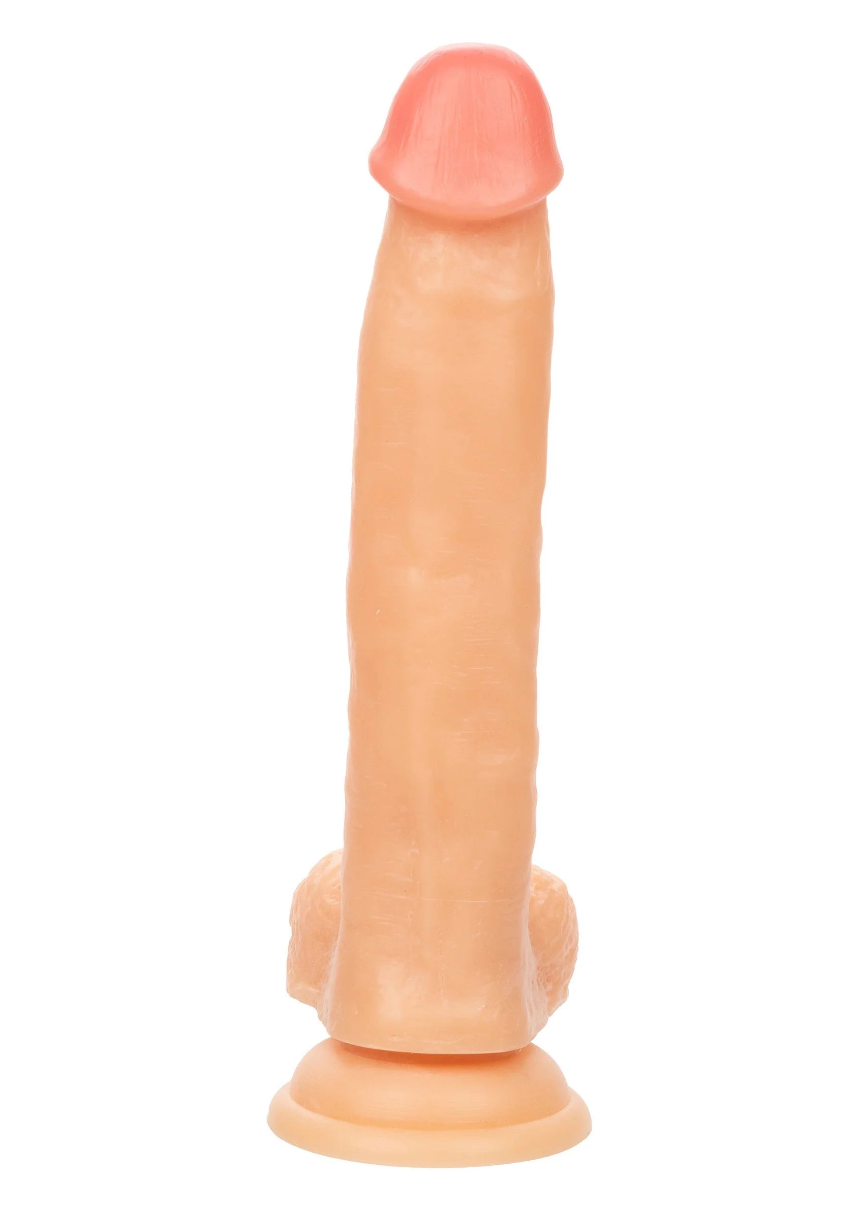 Lichtroze dildo staand met ronde kop en zuignapvoet aan de onderkant