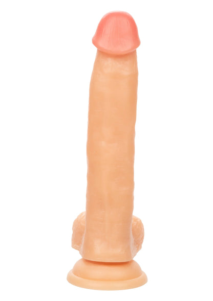 Lichtroze dildo staand met ronde kop en zuignapvoet aan de onderkant