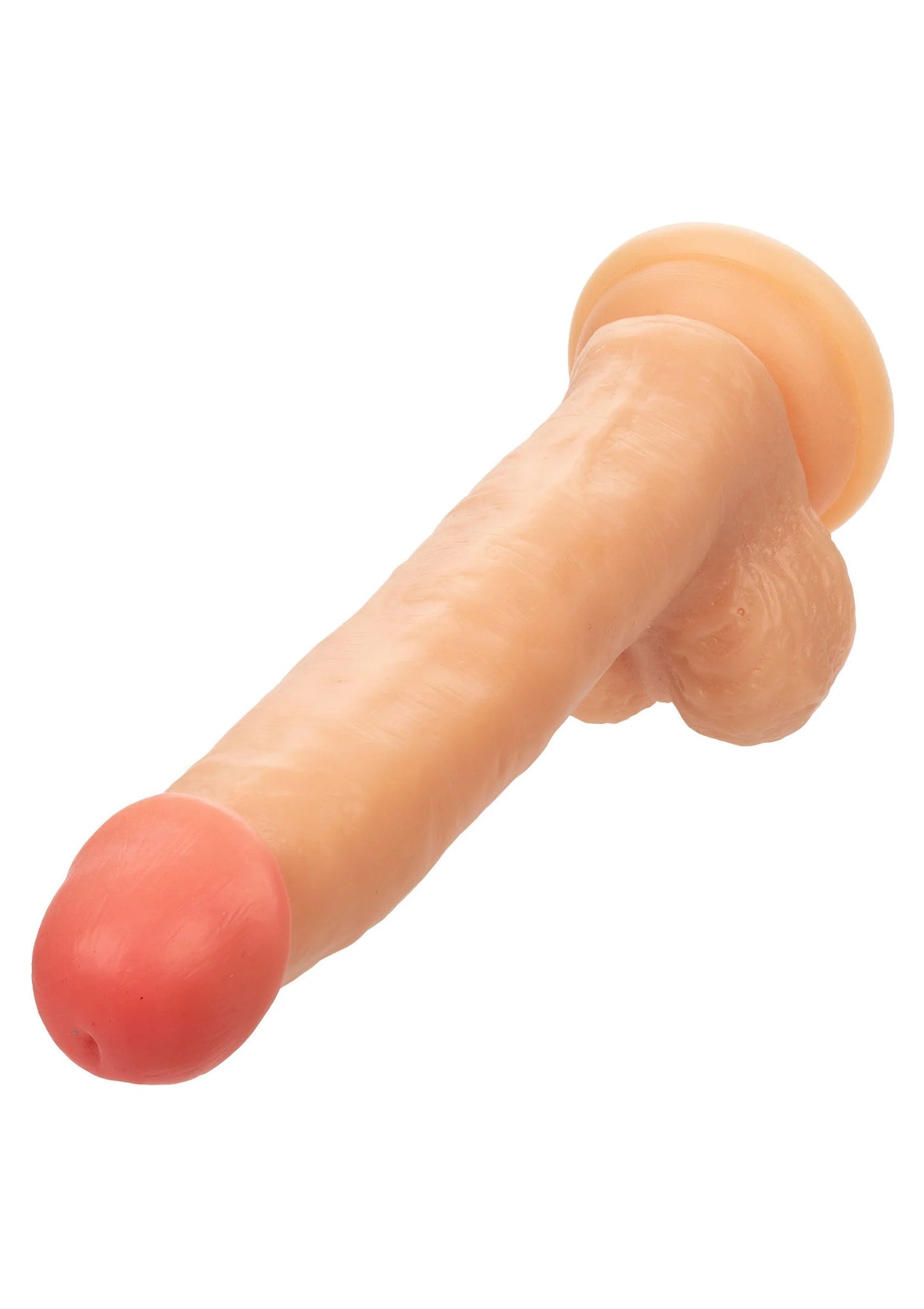 Close-up lichtroze dildo met afgeronde top en taps toelopende schacht