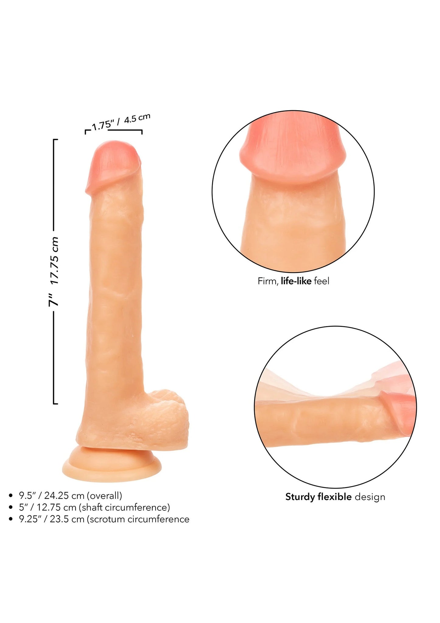 Lichtroze dildo met buigzaam ontwerp; maten en detailrondje van de top