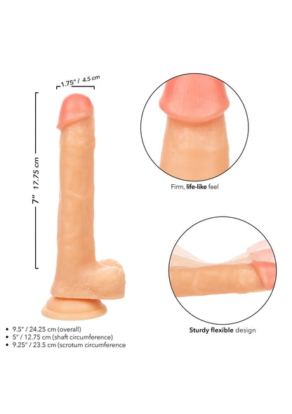 Lichtroze dildo met buigzaam ontwerp; maten en detailrondje van de top