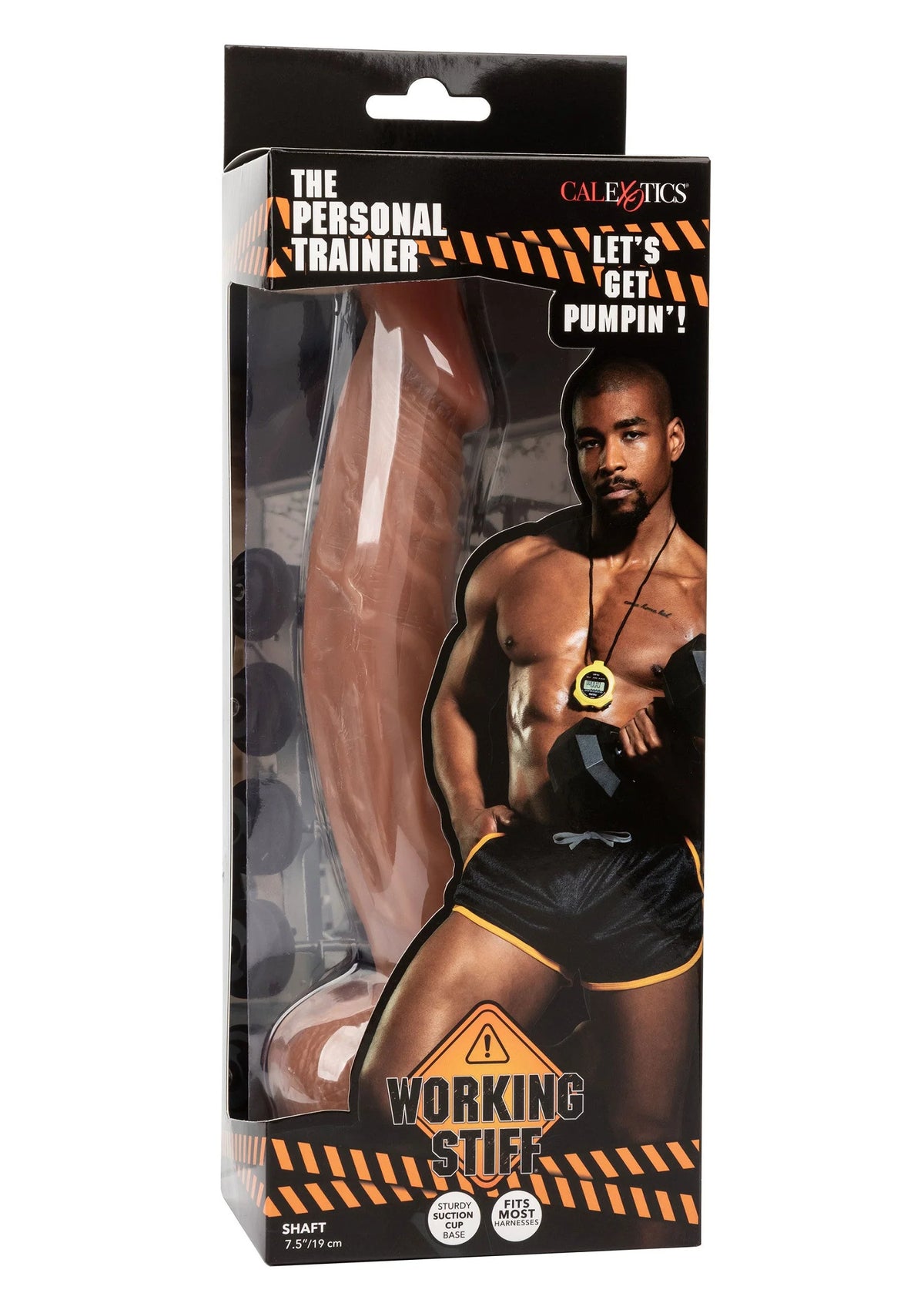 Verpakking van bruine dildo met zuignap; product toont ronde kop en ribbels