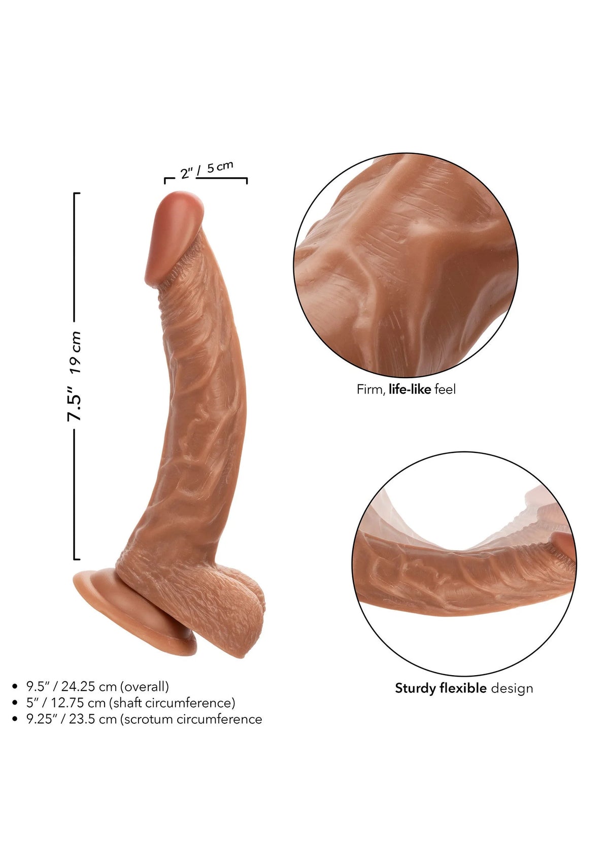 Bruine dildo met ribbelstructuur en ronde kop; maatillustraties op afbeelding