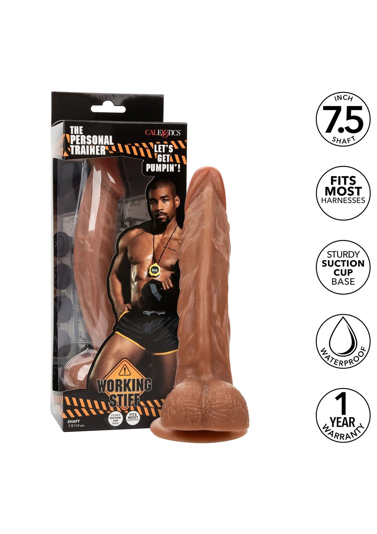 Bruine dildo met zuignapbasis en ronde kop; verpakking met producteigenschappen