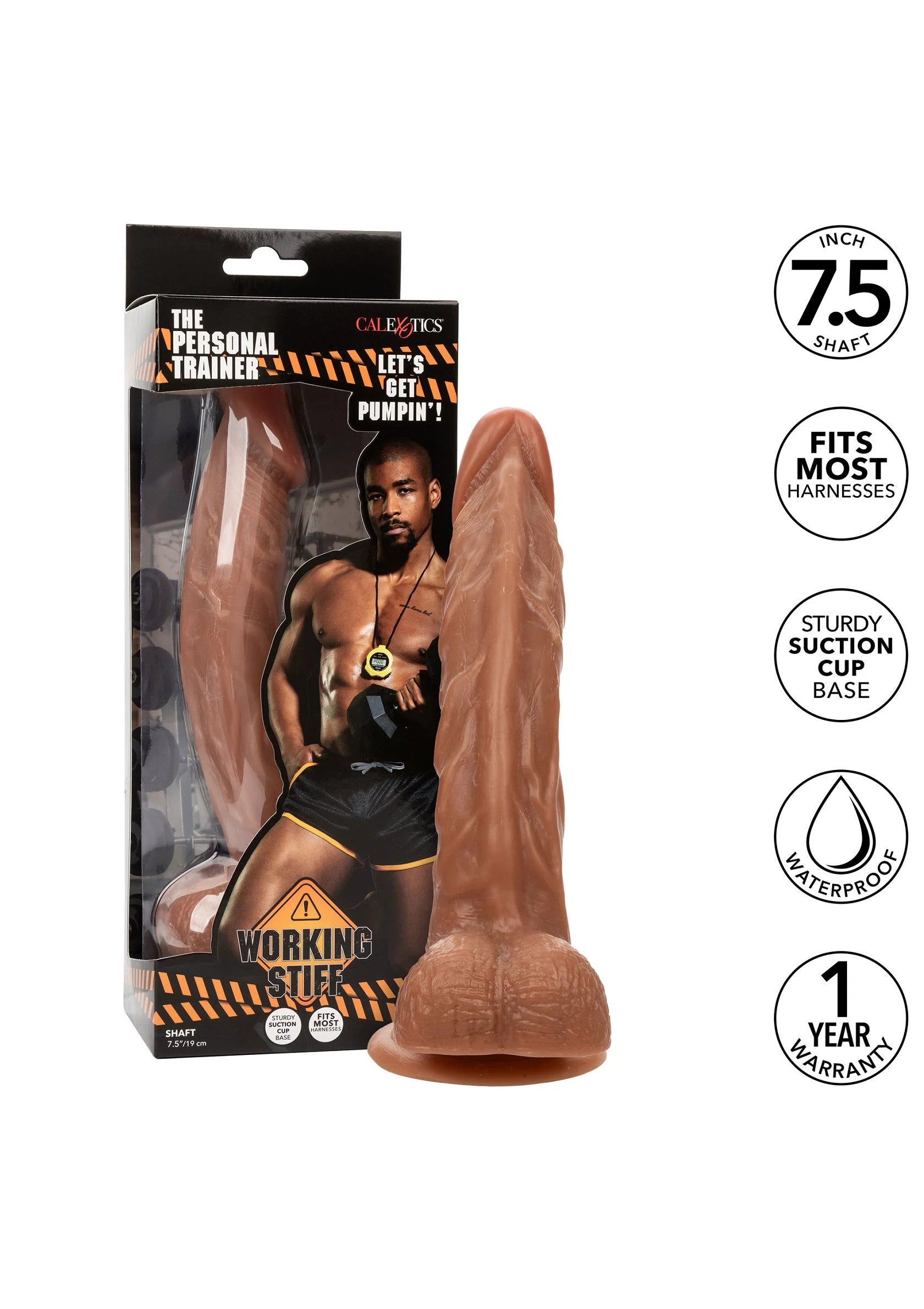 Bruine dildo met zuignapbasis en ronde kop; verpakking met producteigenschappen