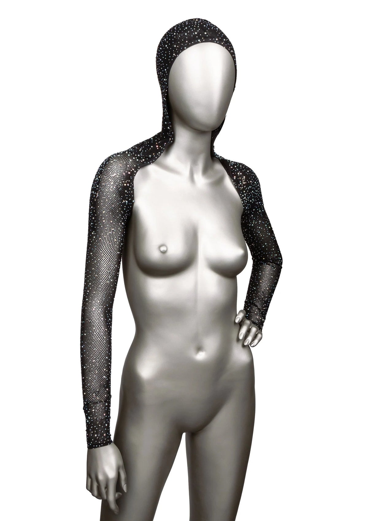 Zwarte glanzende mesh capuchon-schoudershrug met lange mouwen en capuchon