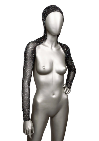 Zwarte glanzende mesh capuchon-schoudershrug met lange mouwen en capuchon