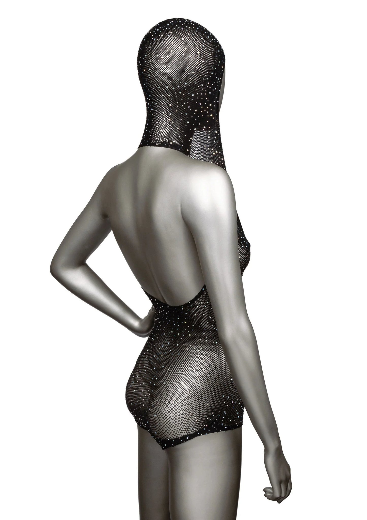 Zwarte glinsterende body met capuchon, rug met fonkelende details
