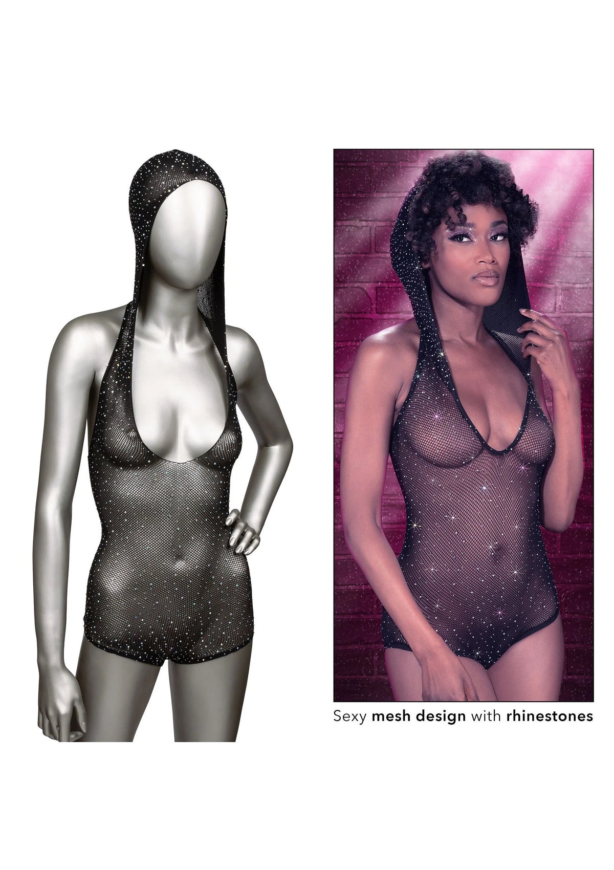Capuchon-body met diepe V-hals; glinsterende zwarte mesh, collage met mannequin en model.
