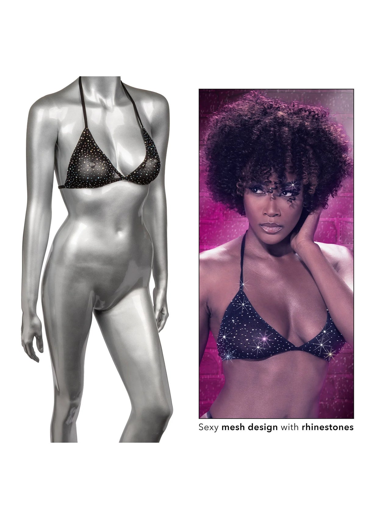 Driehoekbikinitop op mannequin: zwart mesh met steentjes, dunne bandjes