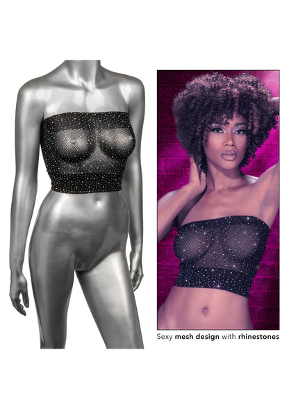 Zwarte bandeau top op paspop met fonkelende strassteentjes, strapless mesh
