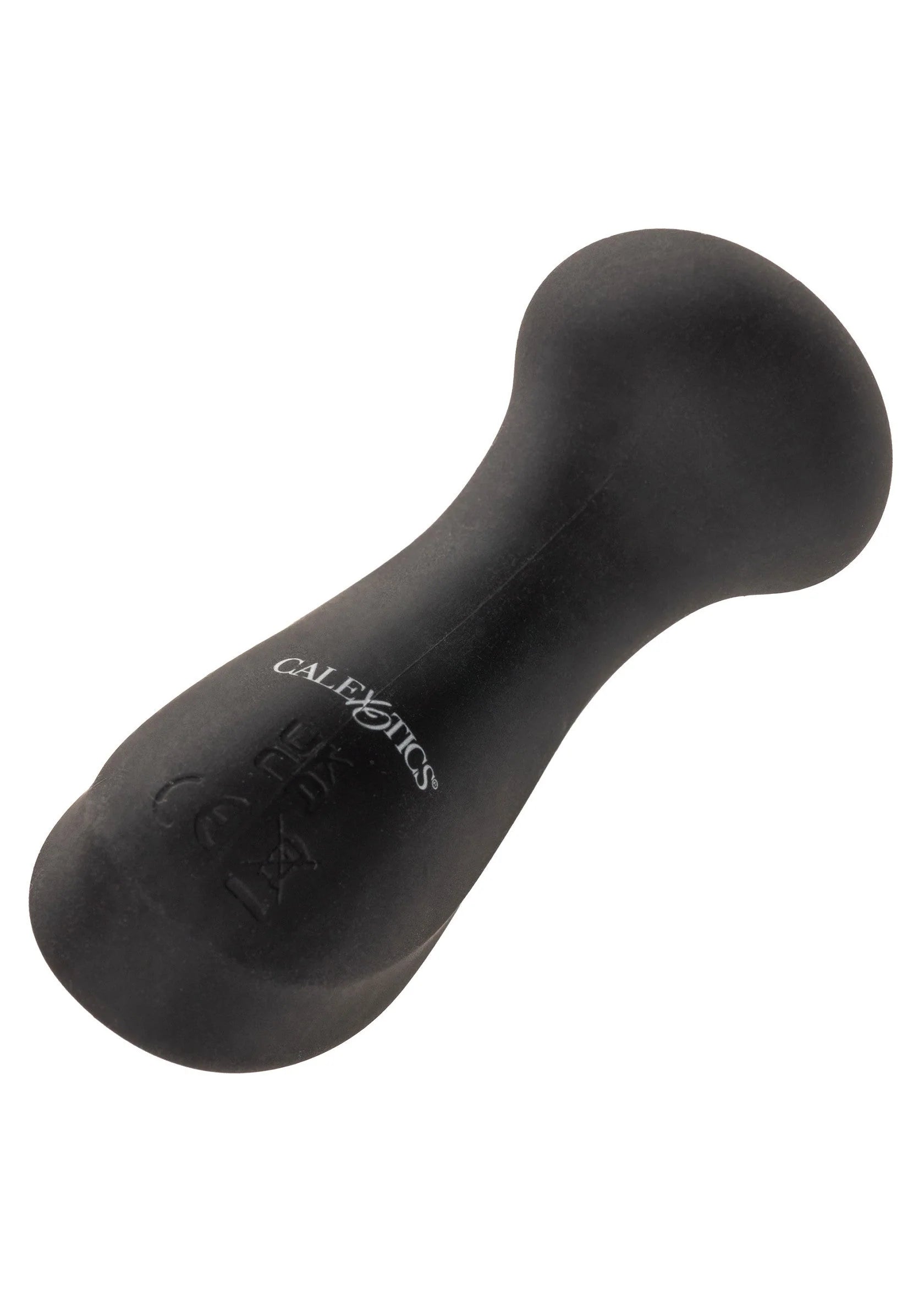 Zwarte mini massager, gebogen handvorm met logo op het oppervlak