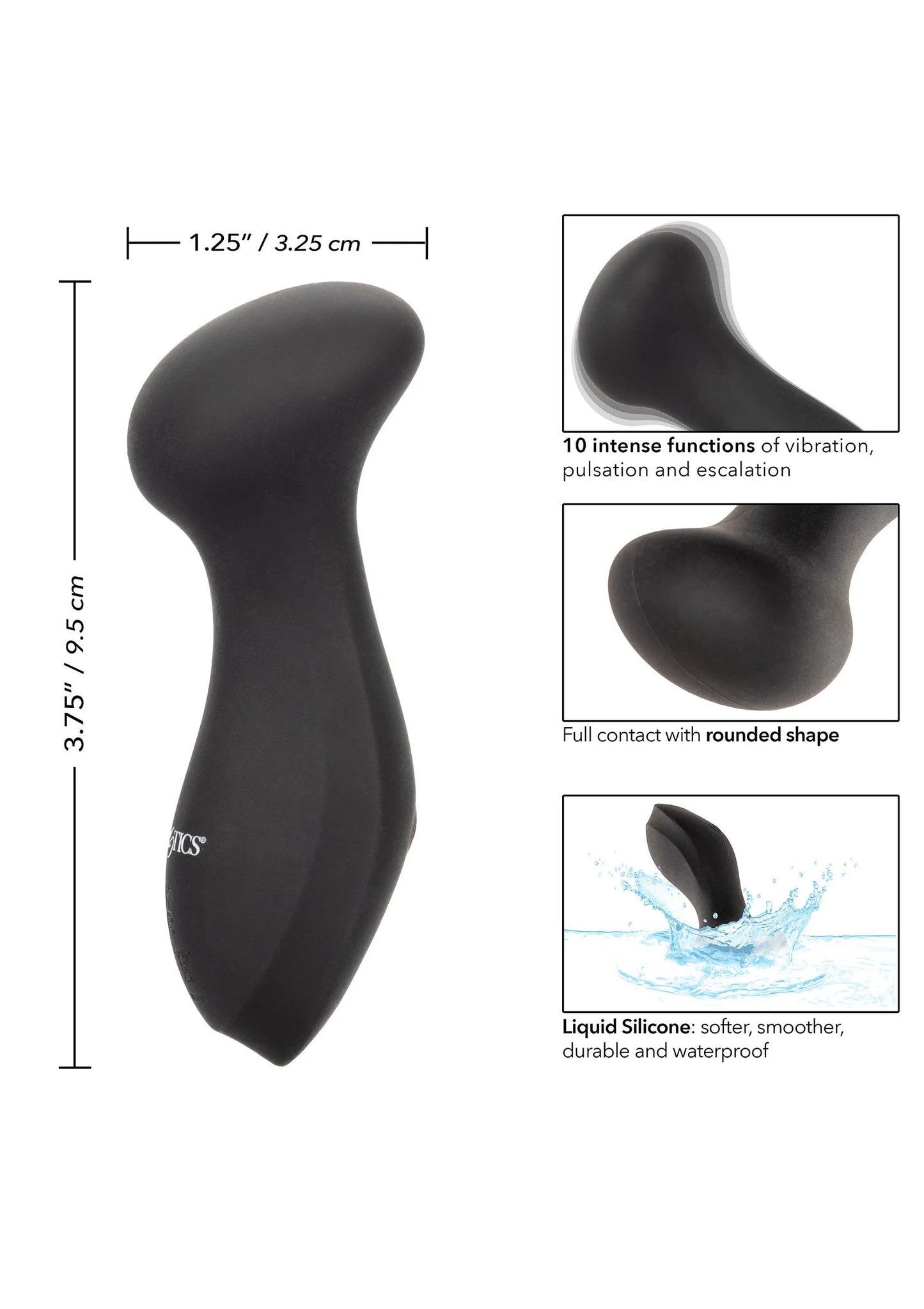 Zwarte mini massager met afgeronde kop en smalle hals, afmetingen links
