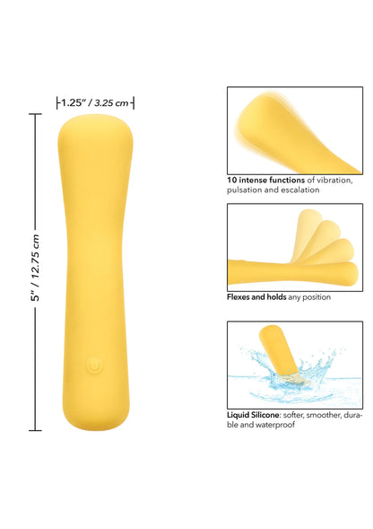 Gele mini flexibele vibratiestick van CalExotics, met afmetingen op kaart