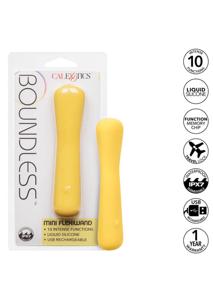 Gele mini vibratiesticks Mini FlexiWand van CalExotics, twee formaten op verpakking