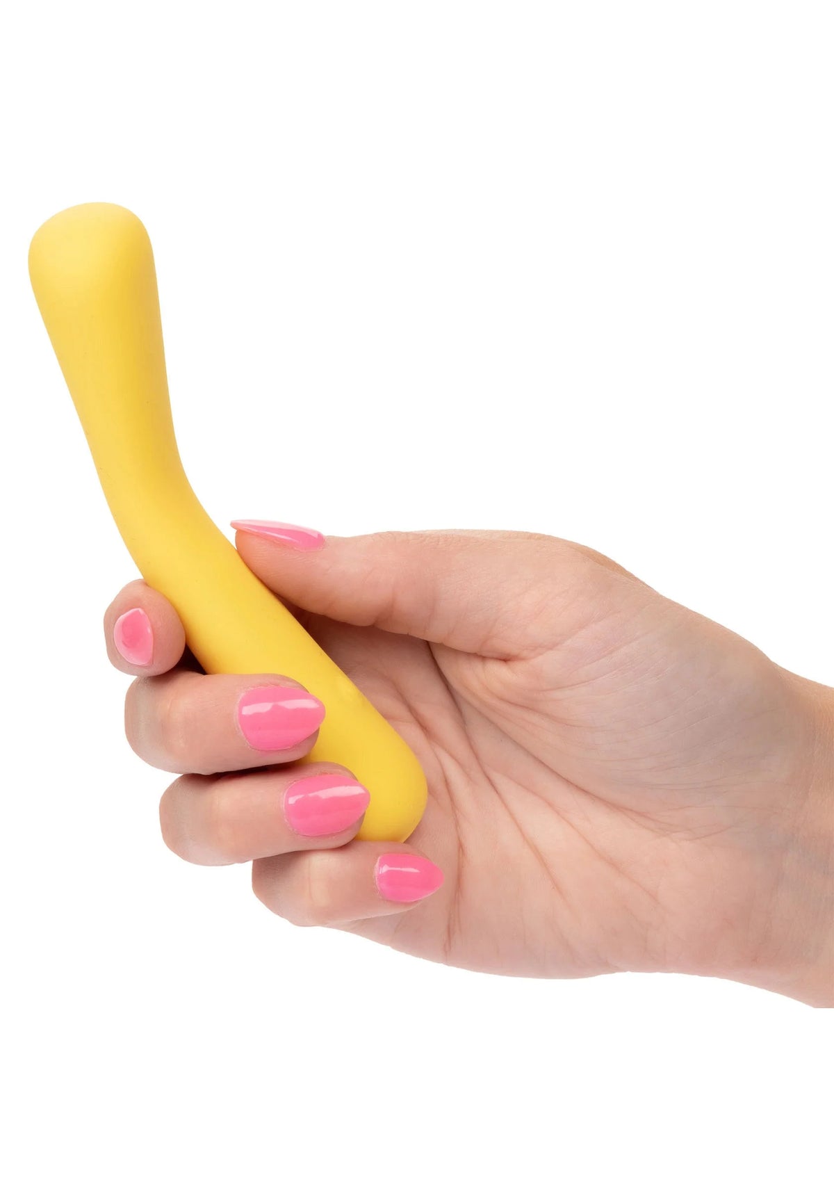 Gele mini flexibele vibratiestick van CalExotics in hand, compact formaat