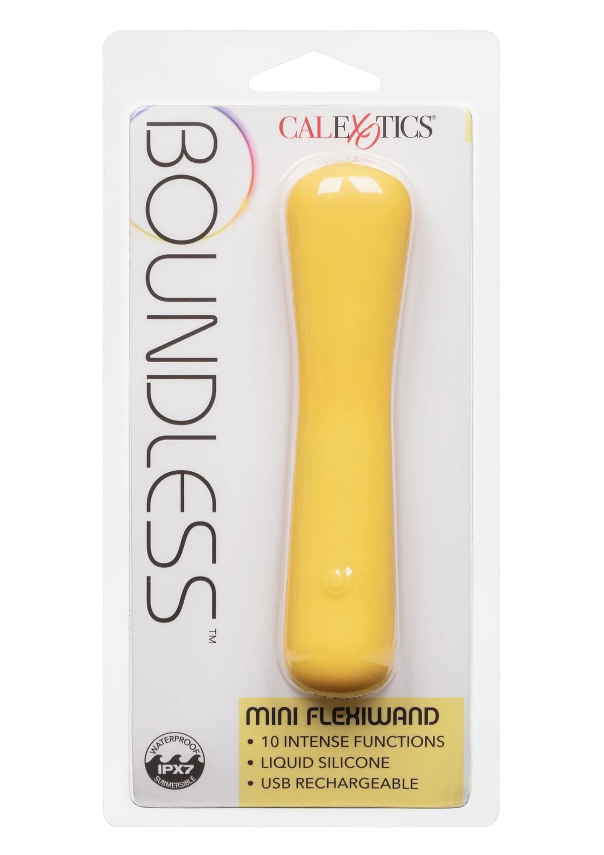Verpakte gele Mini FlexiWand van CalExotics, mini vibratiestick voor opladen