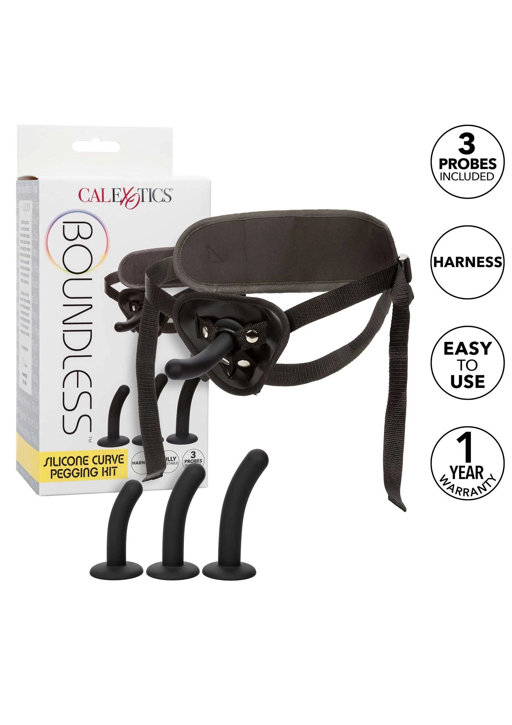 Boundless siliconen curve pegging-kit van CalExotics, verpakking met harnas en 3 probes