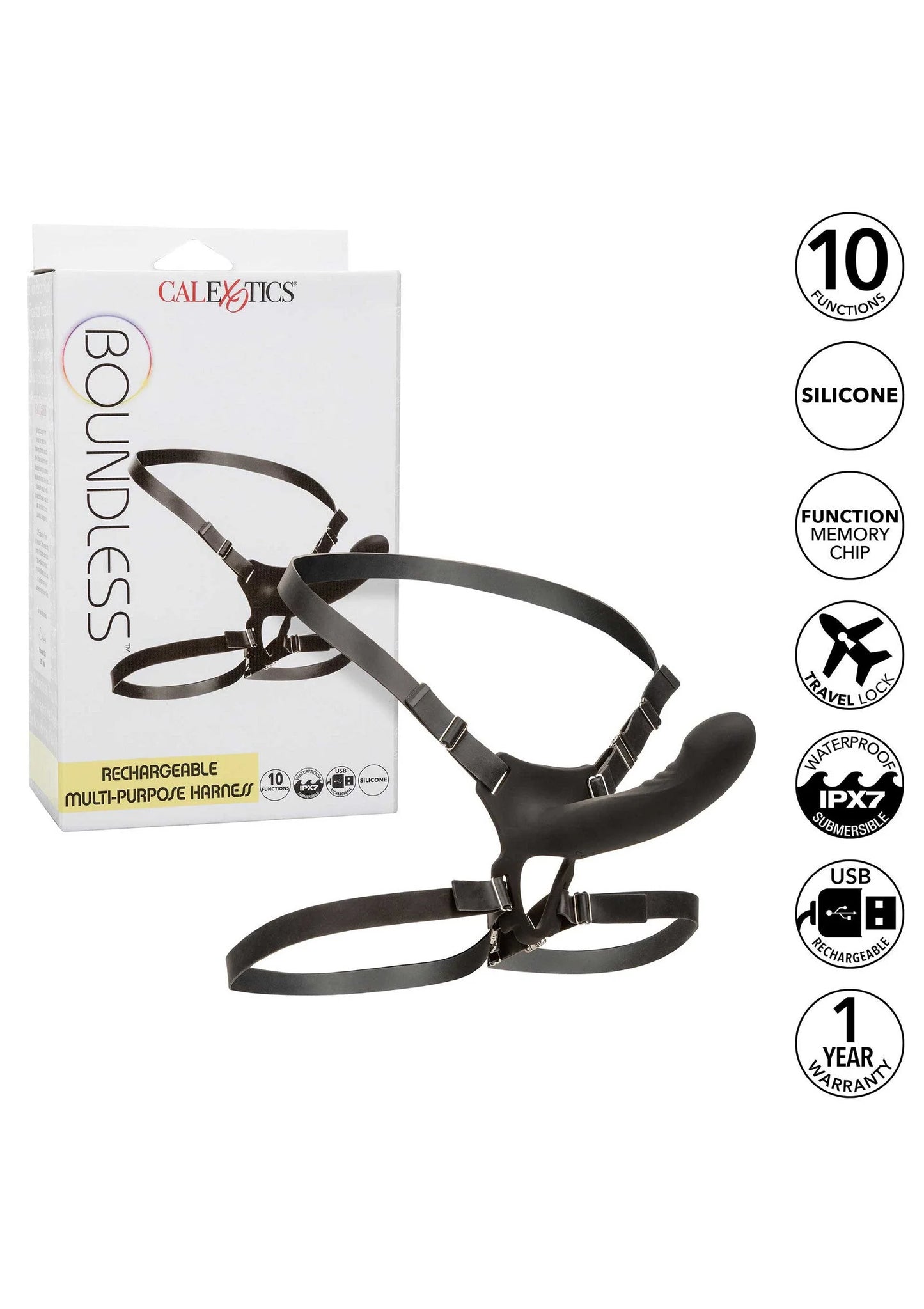 CalExotics Boundless verpakkingsdoos met USB-laadinfo en pictogrammen