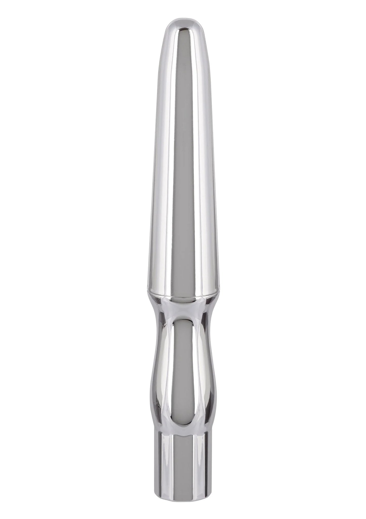 Oplaadbare anale probe, zilverkleurige cilindrische vorm met glanzende metalen afwerking.