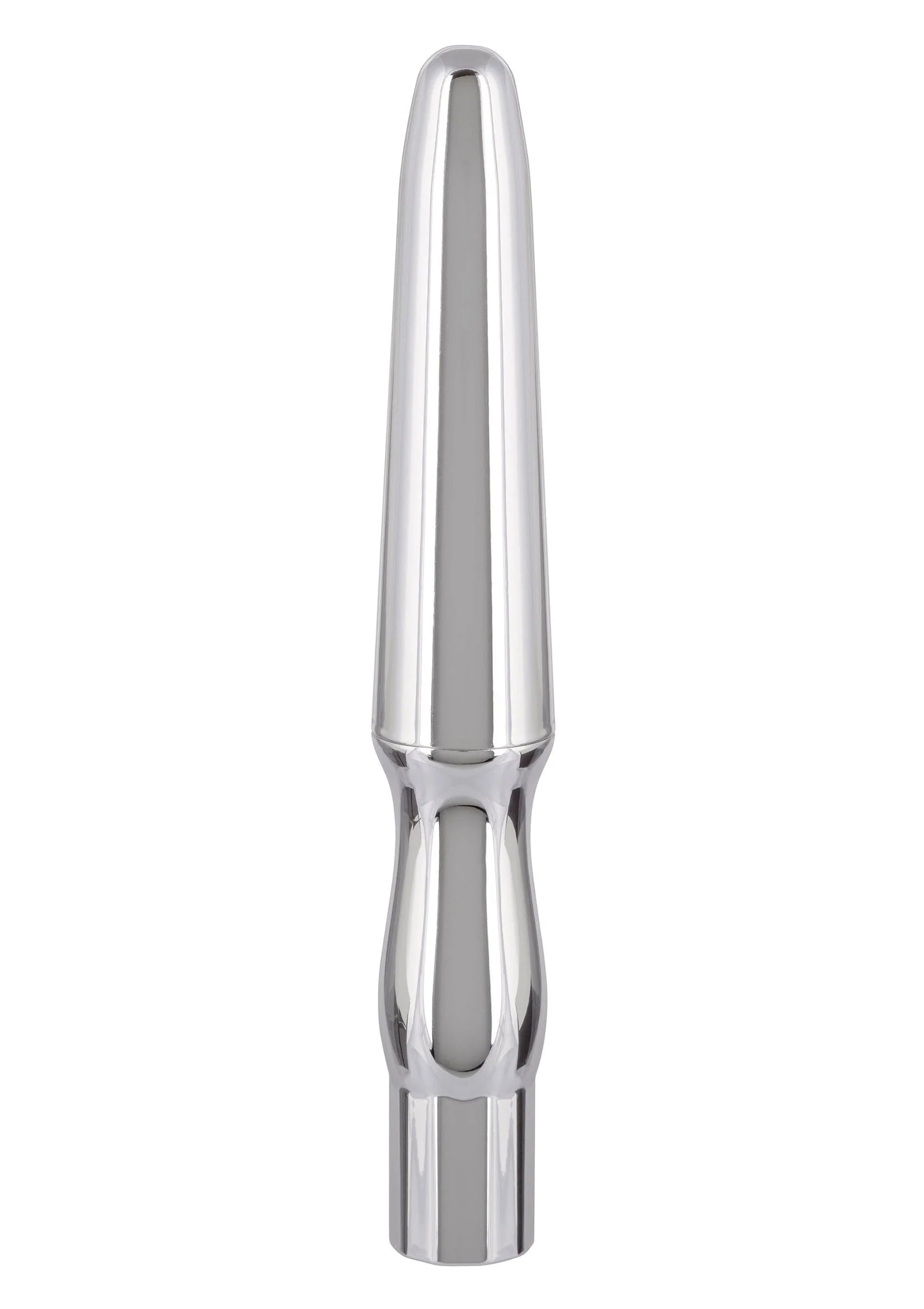 Oplaadbare anale probe, zilverkleurige cilindrische vorm met glanzende metalen afwerking.