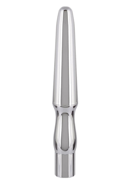 Oplaadbare anale probe, zilverkleurige cilindrische vorm met glanzende metalen afwerking.