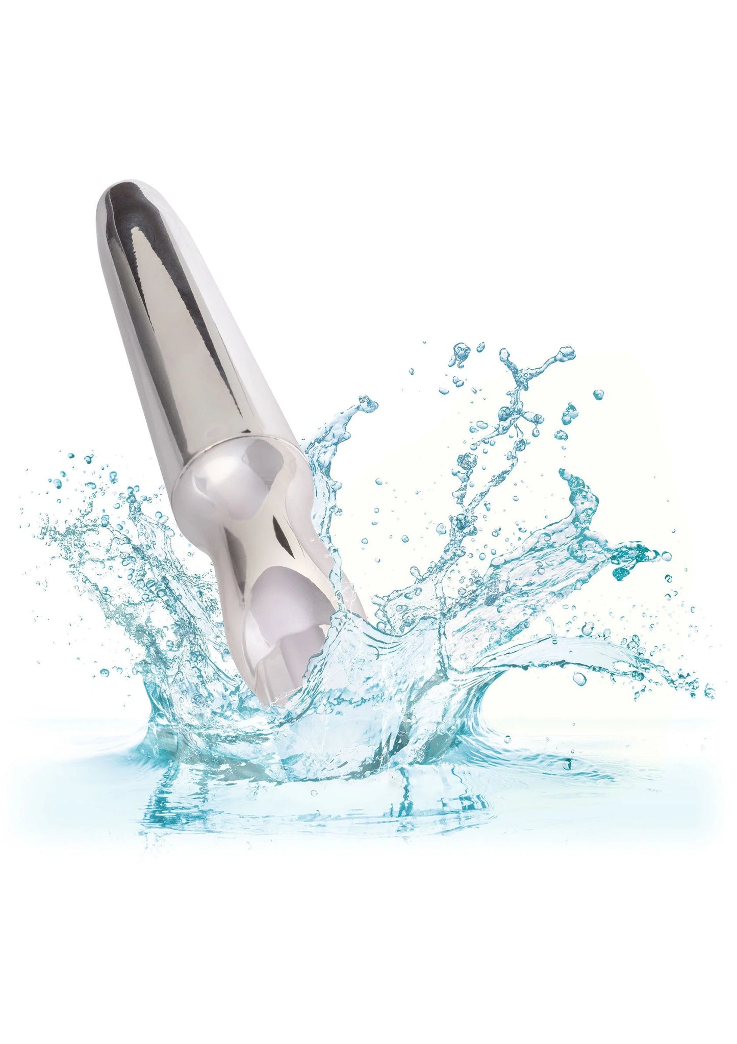 Oplaadbare anale probe, zilverkleurige metalen punt met waterdruppels rondom.