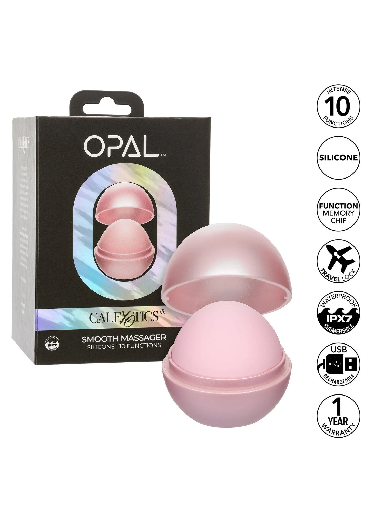 OPAL Smooth massager met opbergcase en IPX7-, USB- en garantie-iconen