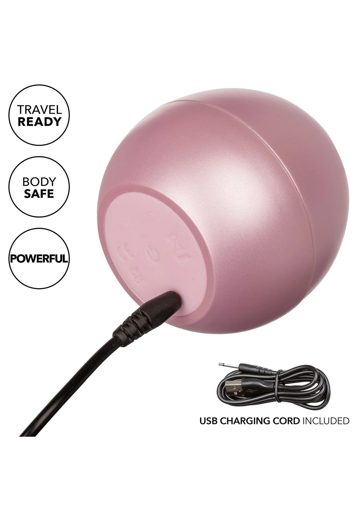 Roze siliconen massagebol met USB-laadkabel, travel ready en body safe