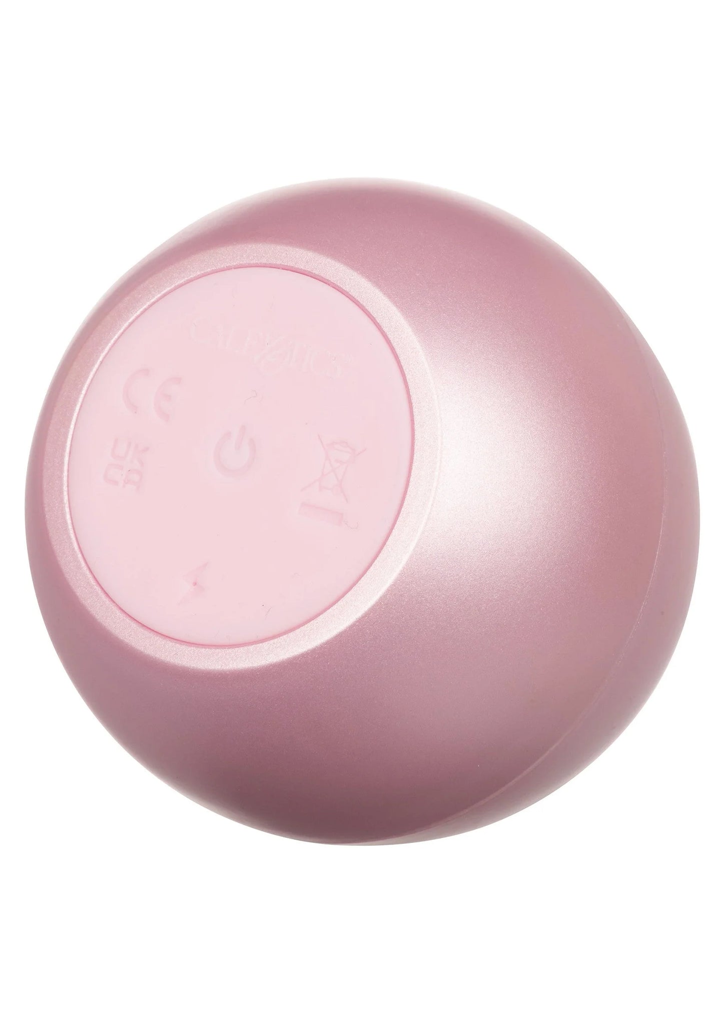 Opal Smooth massager van CalExotics, onderzijde met keuringspictogrammen op roze bol