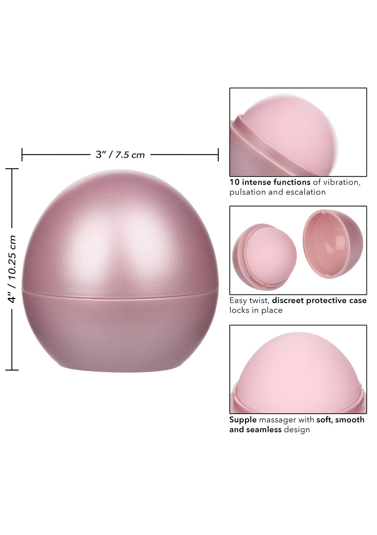 Roze massagebol met afmetingen, 10 vibratiestanden en beschermende opbergcase