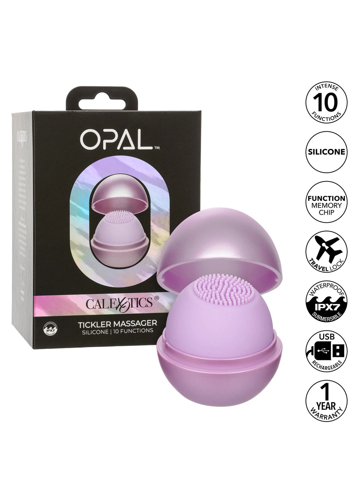 Doos en Opal Tickler-massager van CalExotics, paarse kogel met nopjeskop