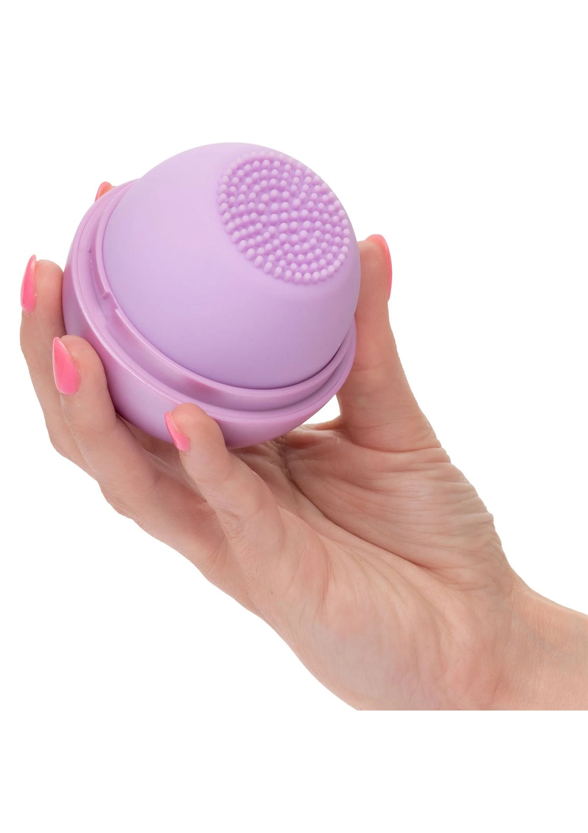 Handheld massager met lila bol en siliconen trilmassagekop, in houder