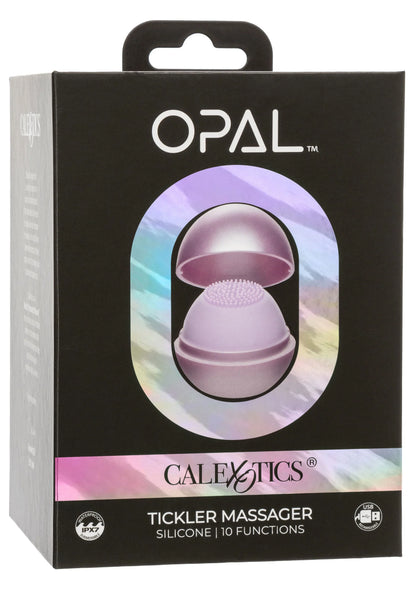 CalExotics Opal Tickler-massager verpakking, paarse silicone massager in doos