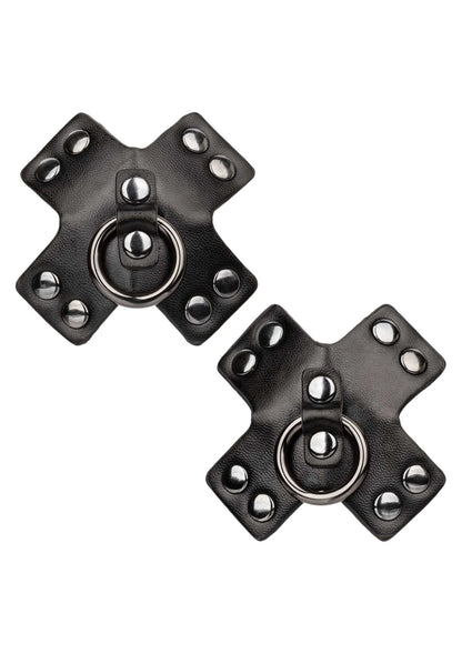 Twee zwarte o-ring pasties met metalen ringen en klinknagels, kruisvorm
