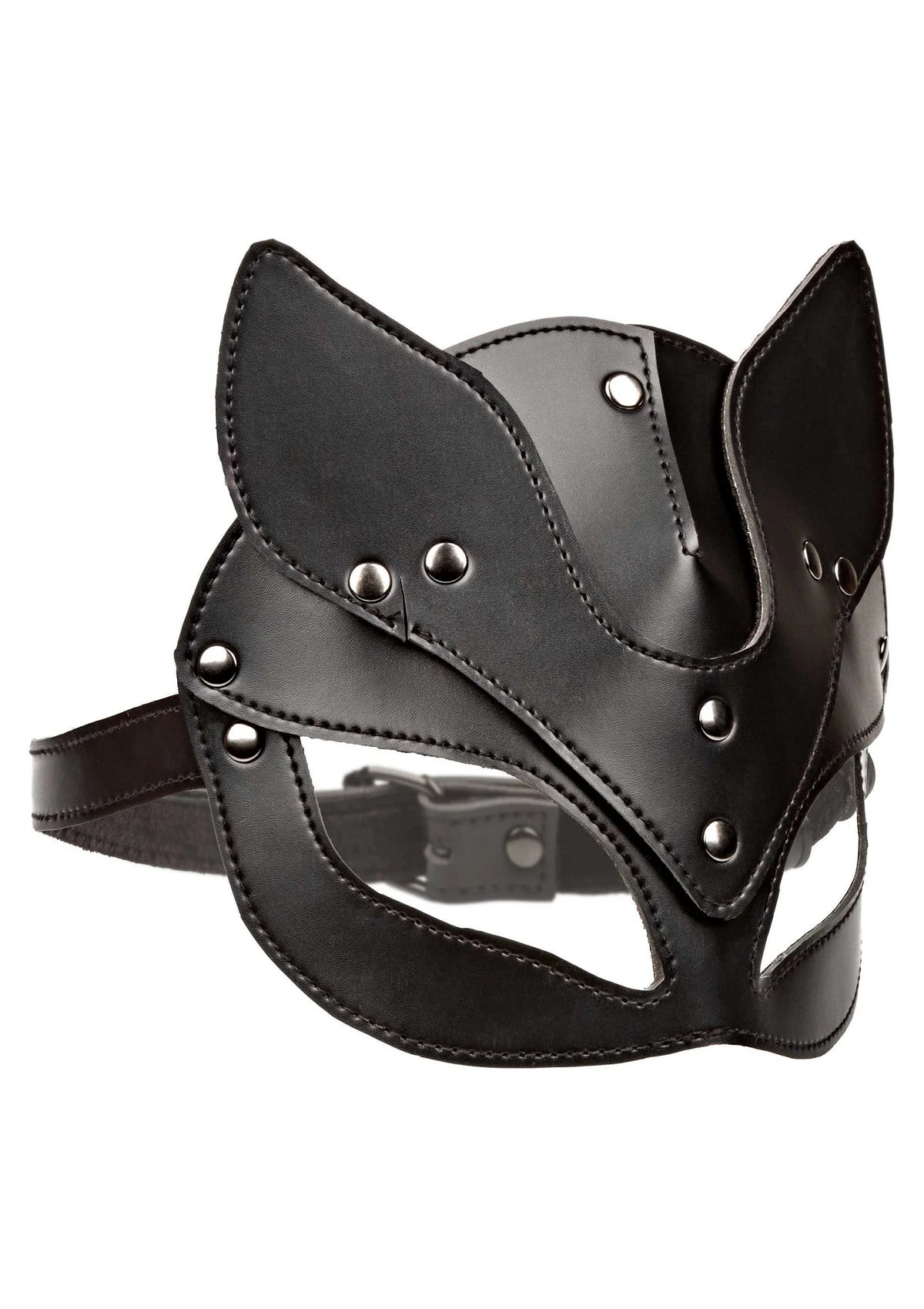 Zwart kattenmasker met neusdetail, klinknagels en verstelriemen met metalen ogen