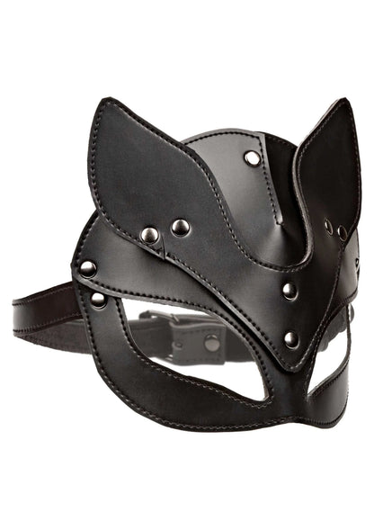 Zwart kattenmasker met neusdetail, klinknagels en verstelriemen met metalen ogen