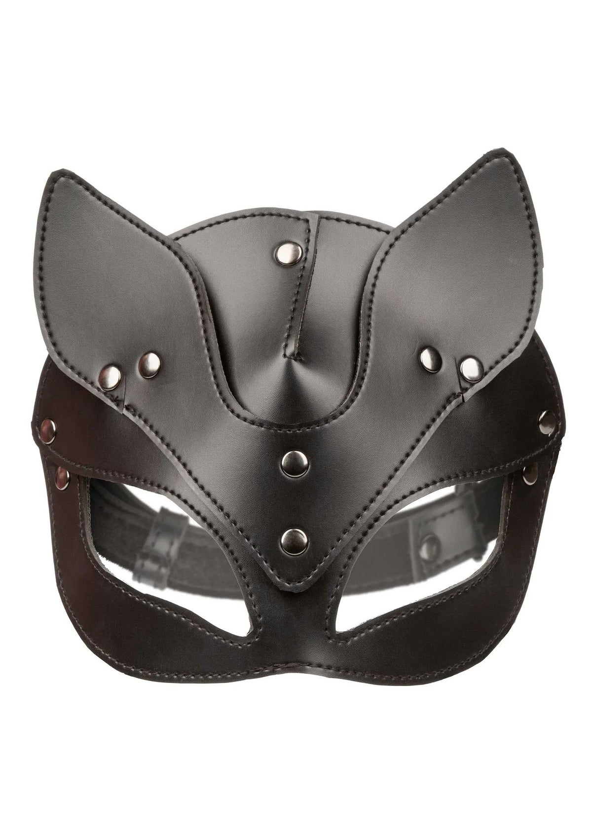 Zwart kattenmasker met oogopeningen, oorvormige delen en metalen klinknagels