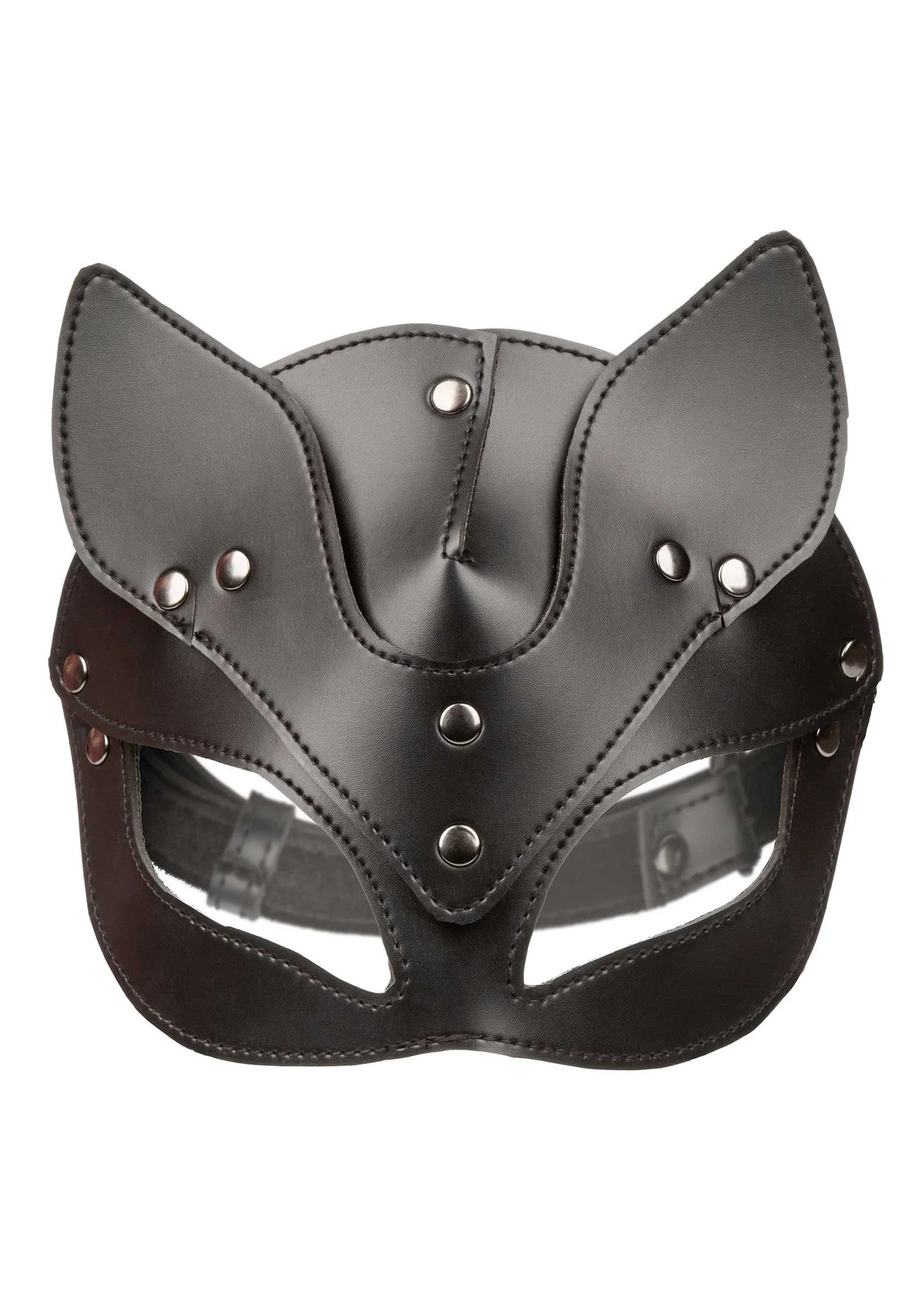 Zwart kattenmasker met oogopeningen, oorvormige delen en metalen klinknagels