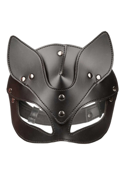 Zwart kattenmasker met oogopeningen, oorvormige delen en metalen klinknagels