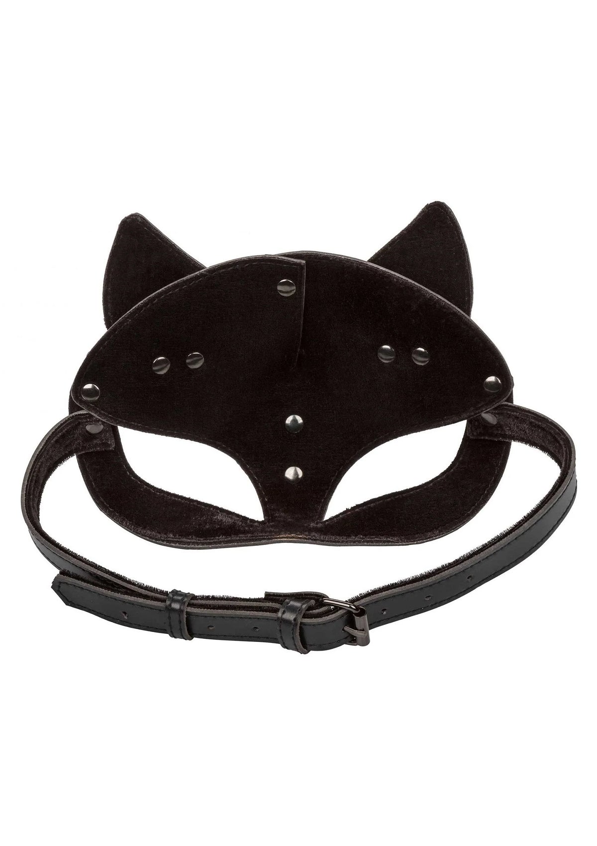Zwart kattenmasker met bandriemen en ooguitsparingen, met klinknagels