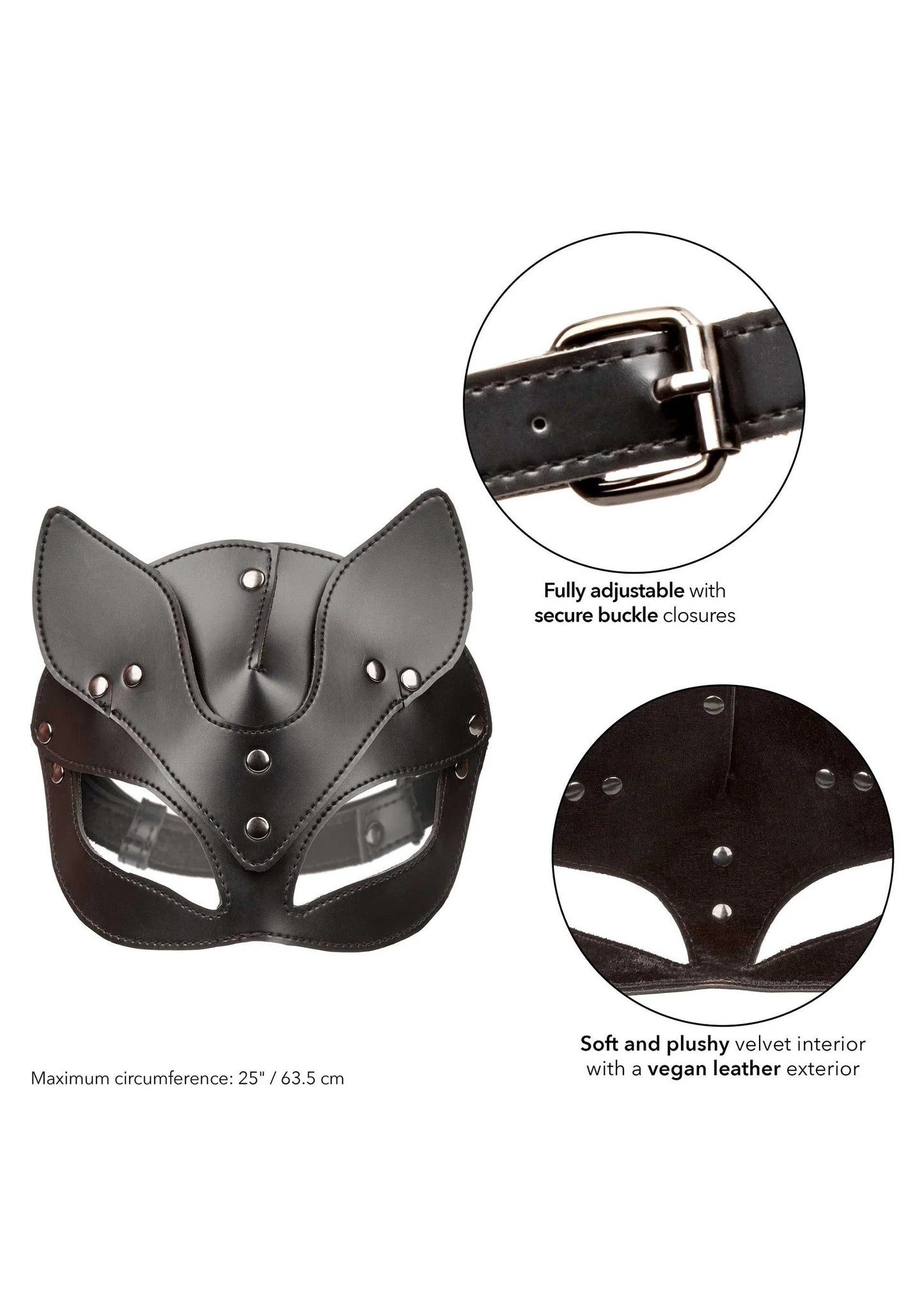 Zwart kattenmasker met verstelbare riem en metalen klinknagels, met ooguitsparingen