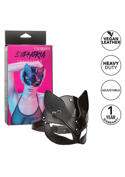 Zwart kattenmasker met verstelbare riem en klinknagels, naast Euphoria-verpakking