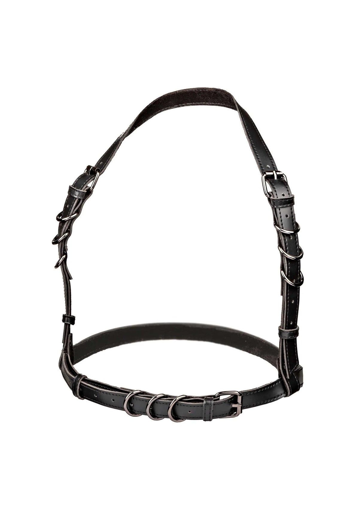 Zwart halter-buckle harnas met brede borstband en schouderriemen met gespen