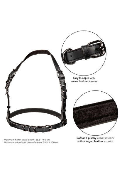 Zwart halter-buckle harnas met secure gespsluiting en pluche velvet binnenkant