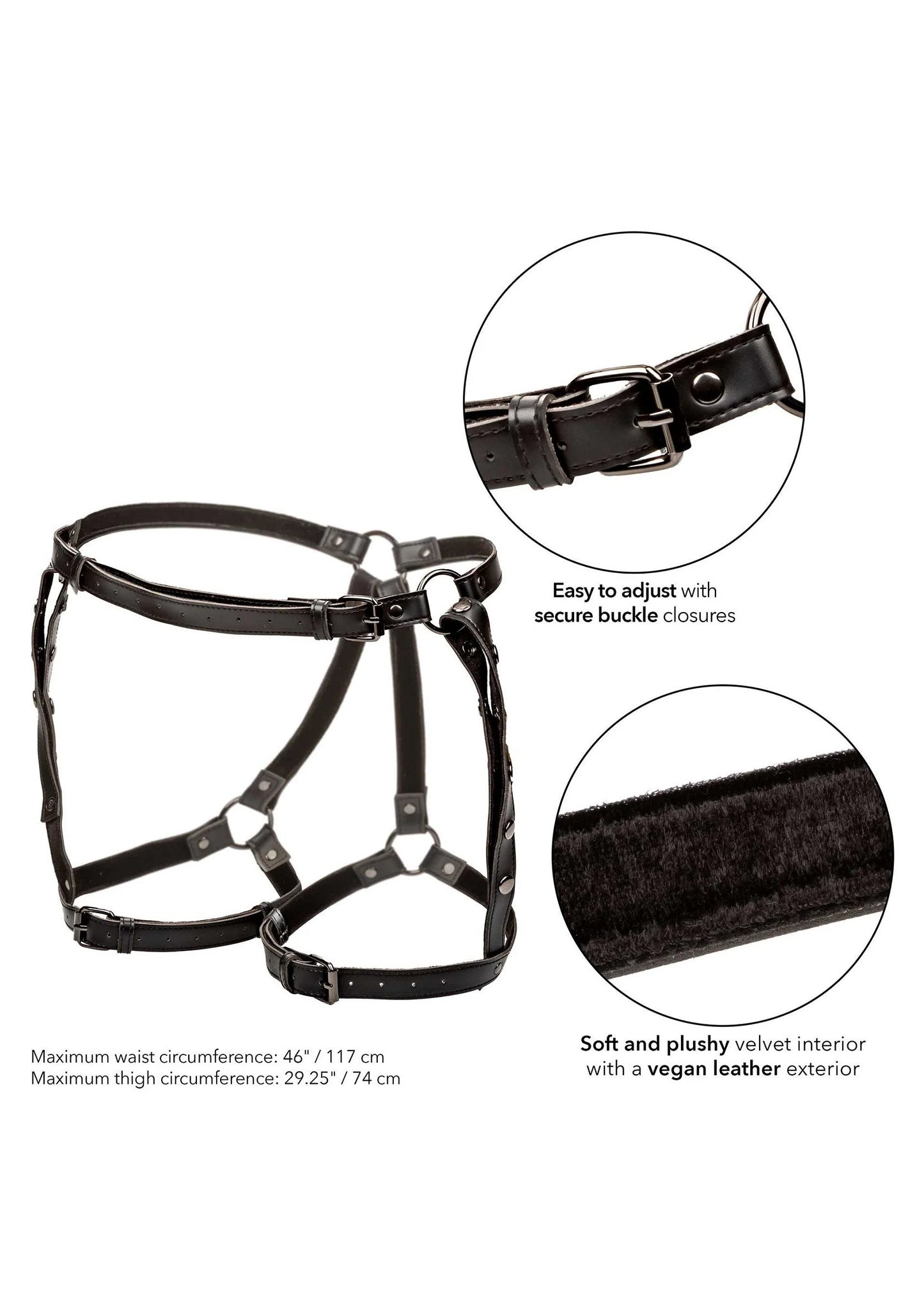 Zwart dijbeen-harnas met gespen; pluche voering en vegan leather