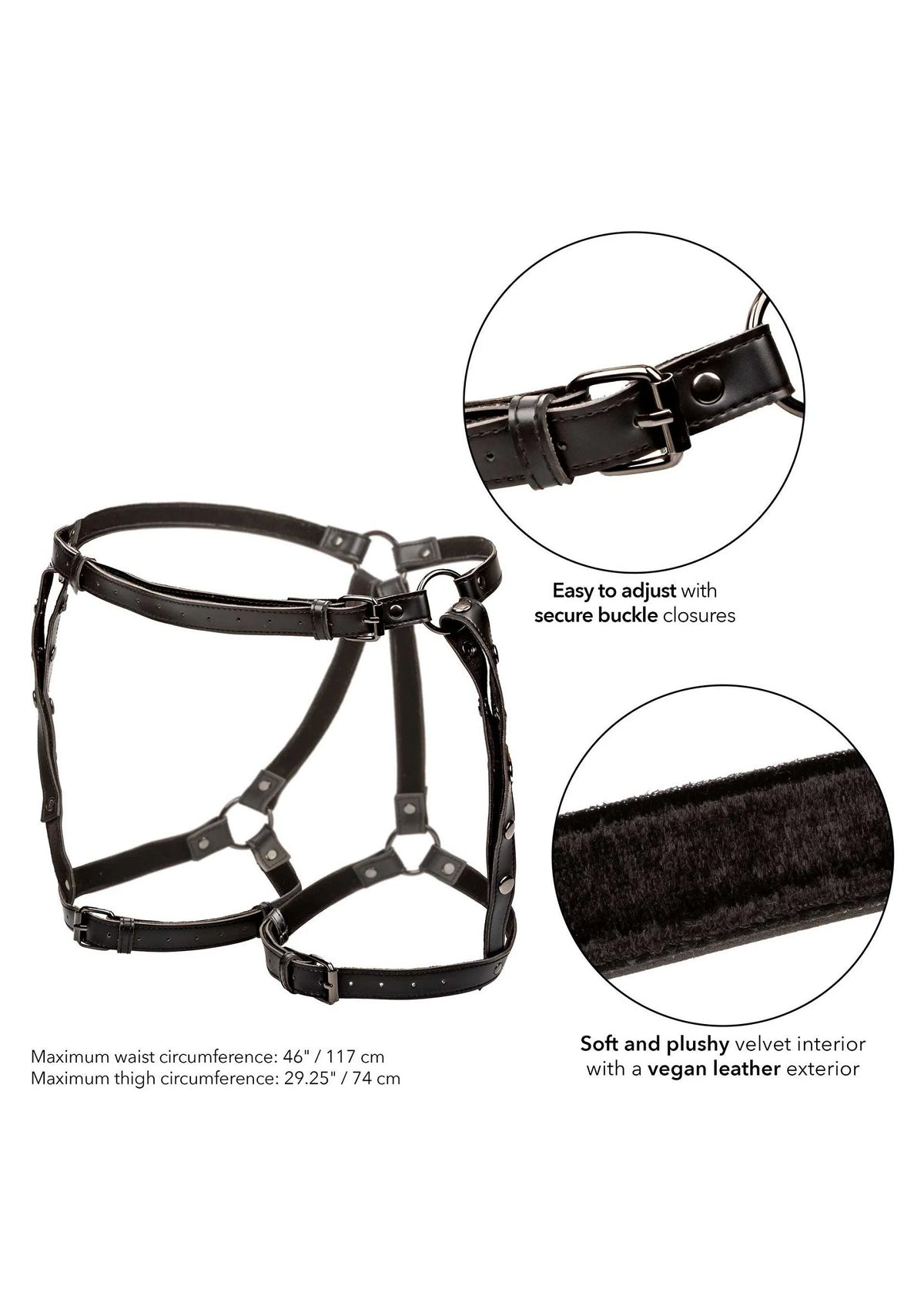 Zwart dijbeen-harnas met gespen; pluche voering en vegan leather