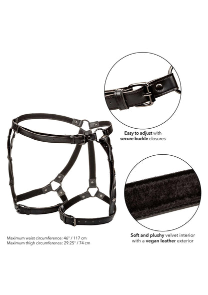 Zwart dijbeen-harnas met gespen; pluche voering en vegan leather