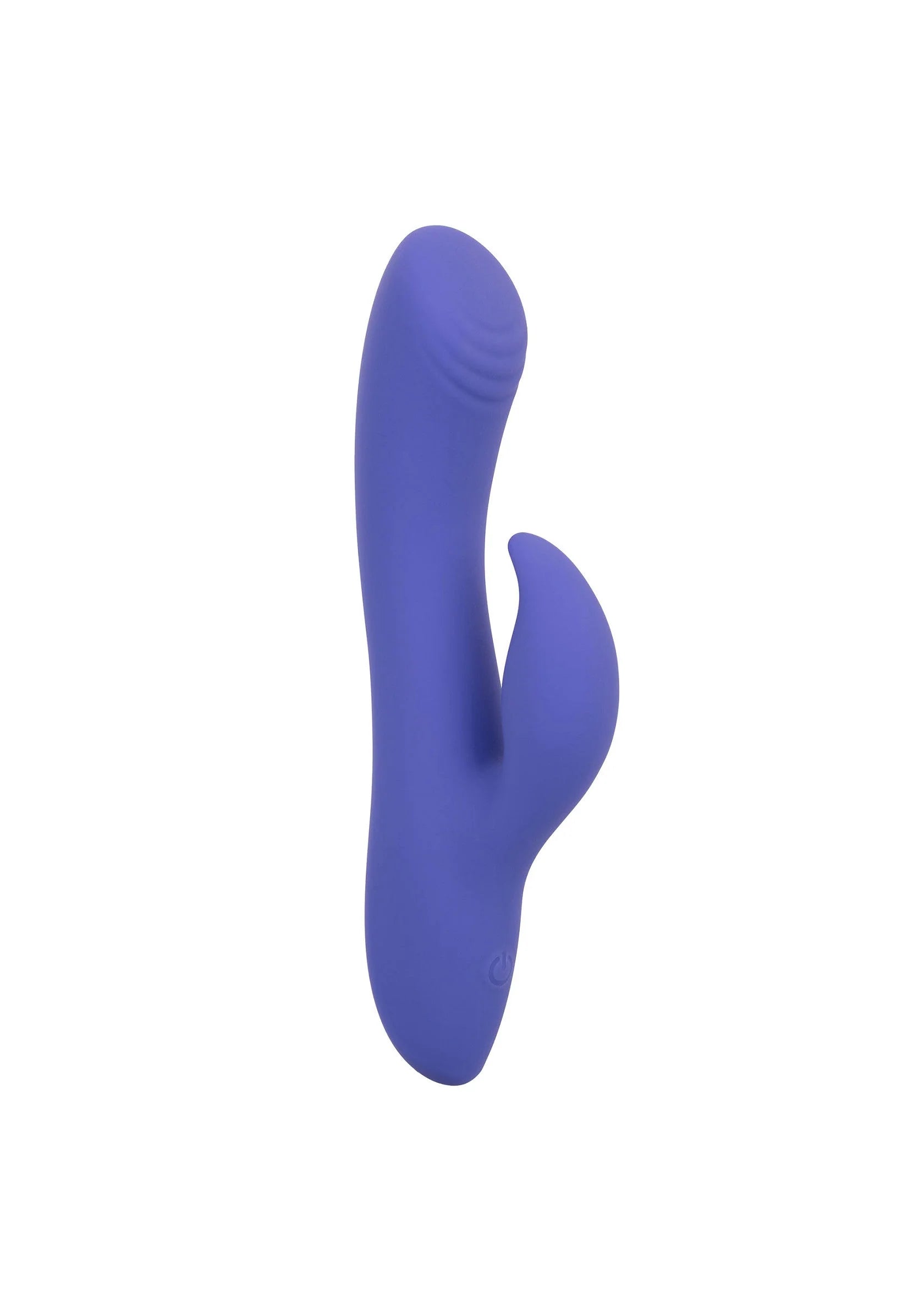 Blauwe siliconen duo-vibrator met V-vormige inkeping en afgeronde uiteinden.